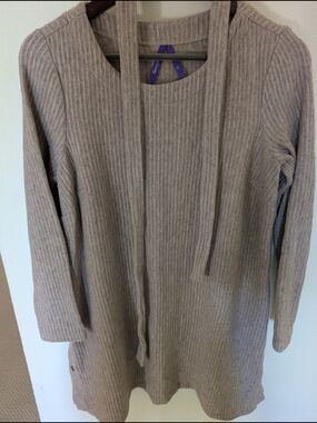 Light Taupe Ribbed Knit Long Sleeve Dress with Neck Ties